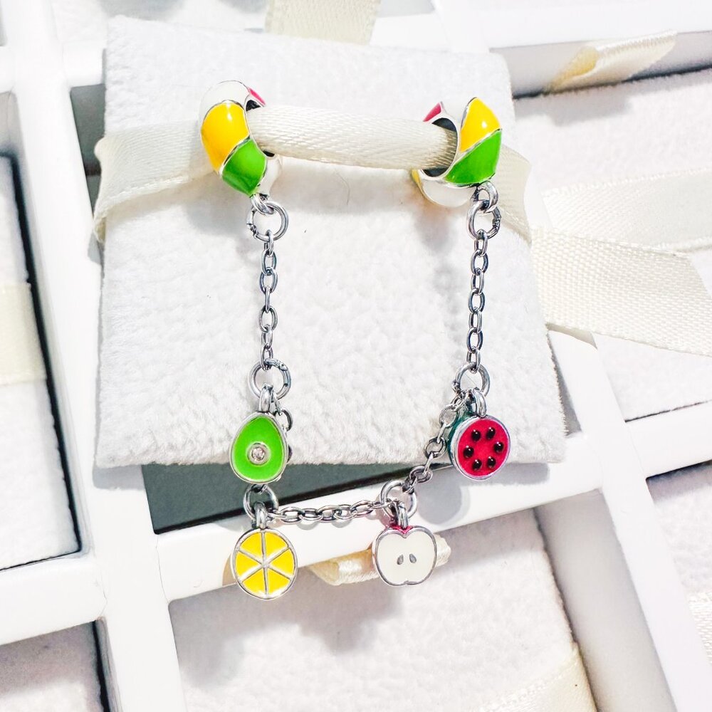 925 Sterling Silver Fruits Safety Chain Charm Fits Pandora Charm Bracelets